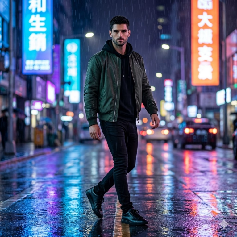 Result 1 for Neon Rain Walker AI Photo Editing Prompt