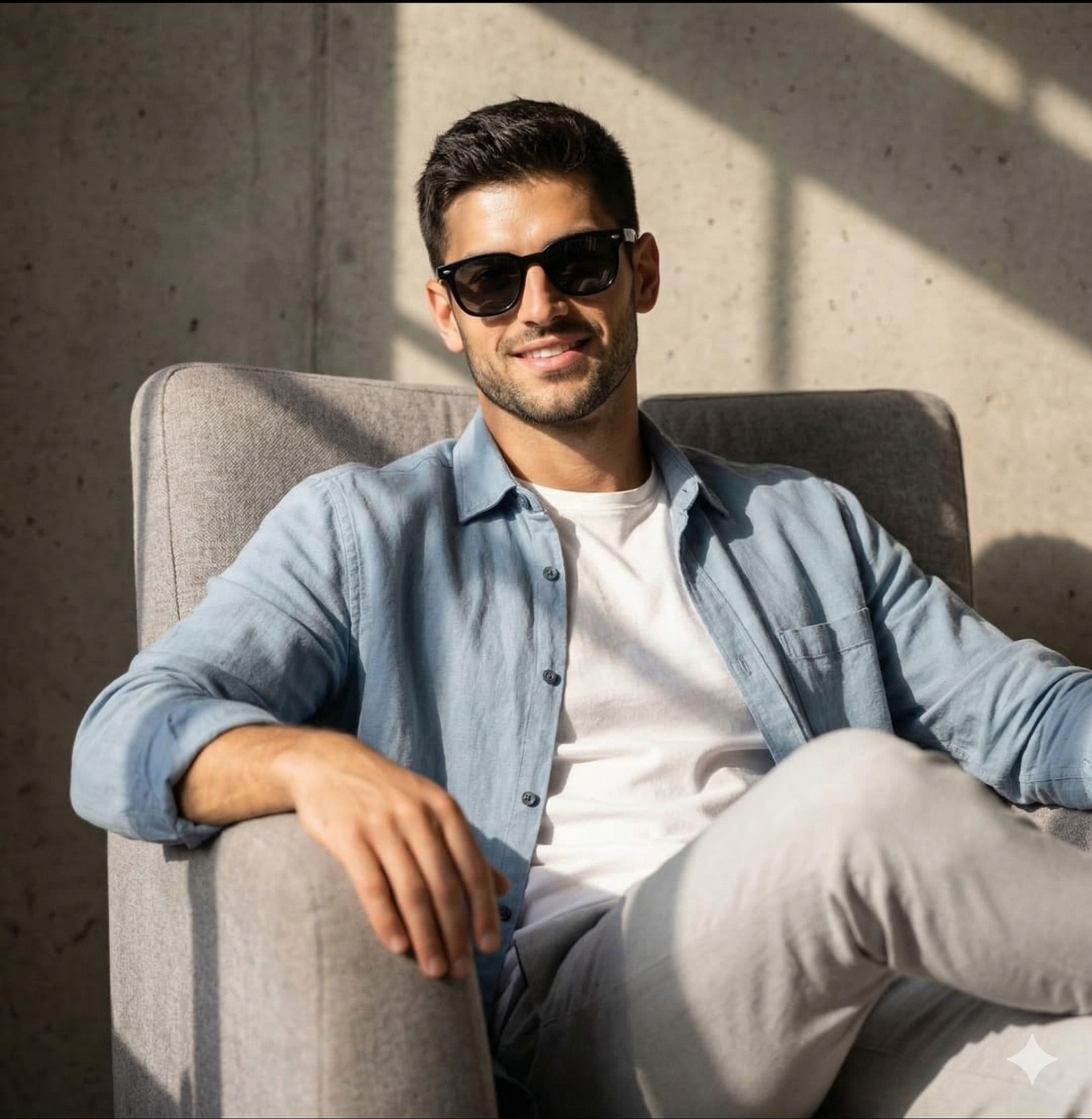 Result 1 for Sunlit Lounge Gentleman AI Photo Editing Prompt