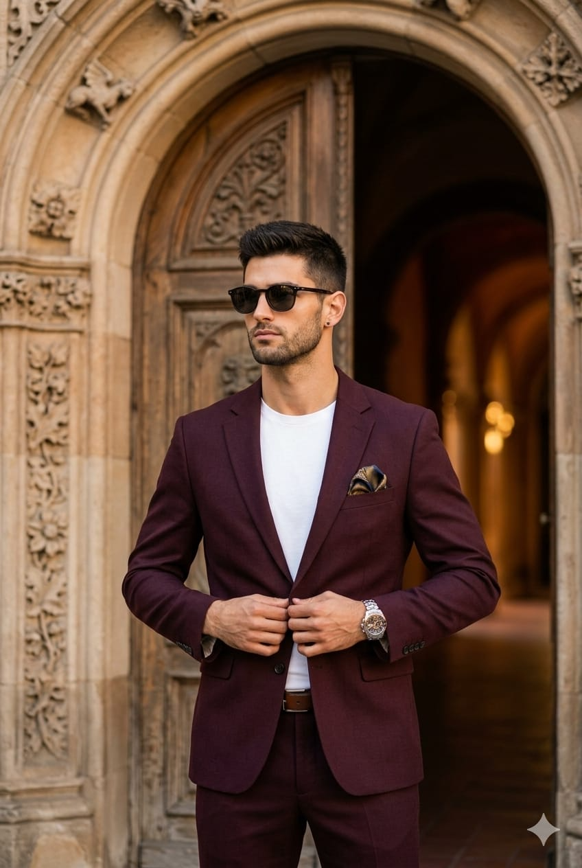 Result 1 for Burgundy Royal Suit AI Photo Editing Prompt