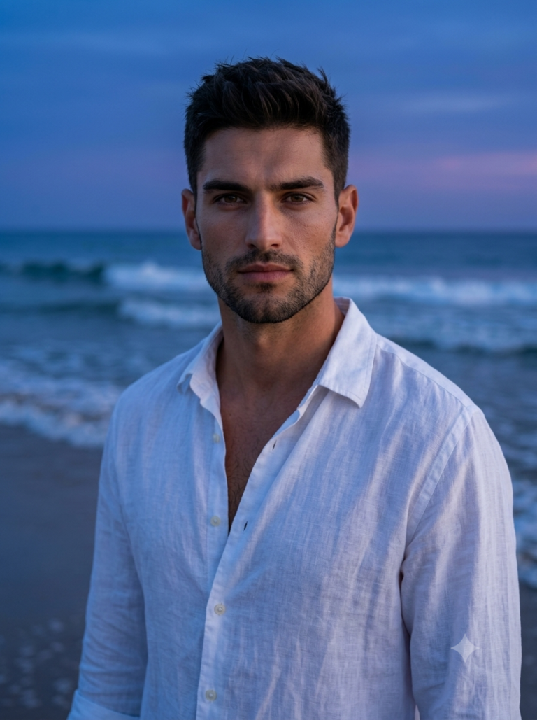 Result 1 for Blue Hour Shoreline Portrait AI Photo Editing Prompt